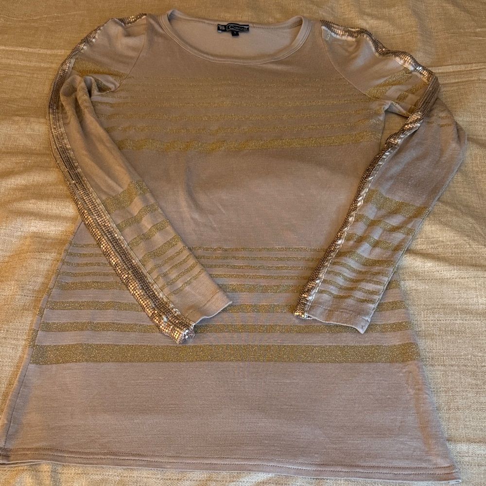 Casting Paris Woman’s Knit Sheath Dress with Metallic Stripe and Goldtone Beads.